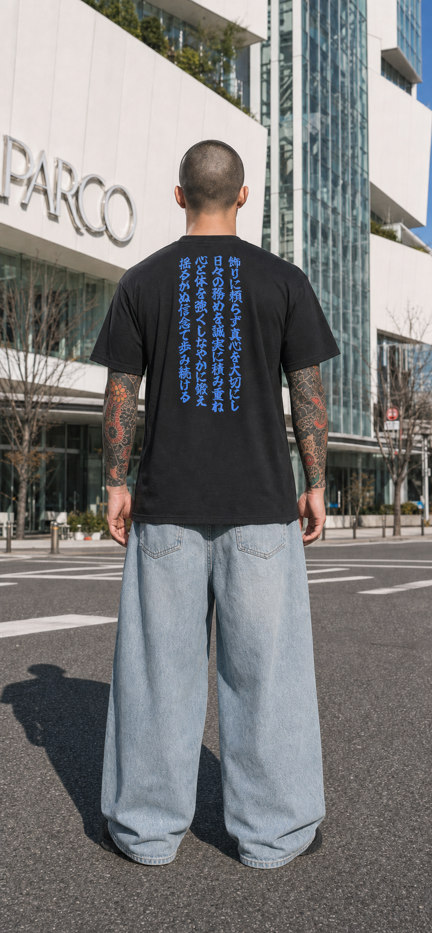 Shitsu Jitsu Go Ken (質実剛健)-Blue(青) on Black Premium Black Cotton T-Shirt – Front & Back Print