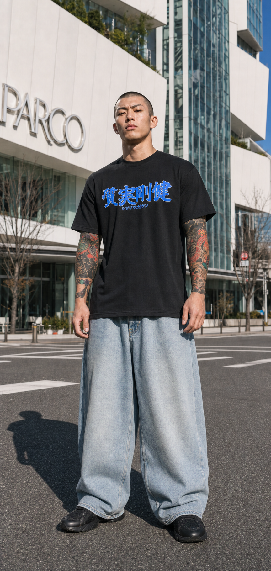 Shitsu Jitsu Go Ken (質実剛健)-Blue(青) on Black Premium Black Cotton T-Shirt – Front & Back Print